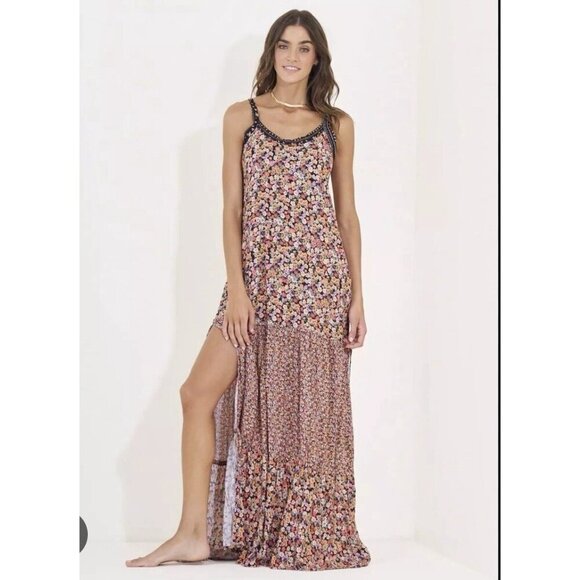 Maaji Calico Alessa Maxi Dress Side Slits Tasseled Cross Tie Back Sz S Bohemian - Picture 1 of 9